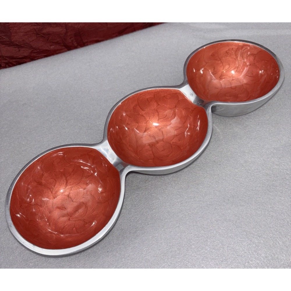 Vintage Chrome Hand Painted Salmon Color‎ Swirl Enamel 3 Section Server India